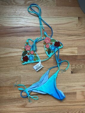 Miami Bikini Outlet Beaded Floral Triangle Bikini Top with Aqua Ombre Bottoms